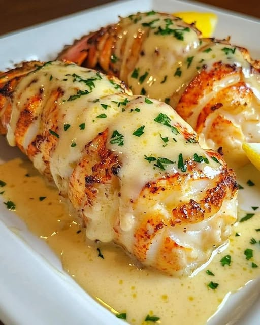 Butter poached lobster tails with lemon cream sauce