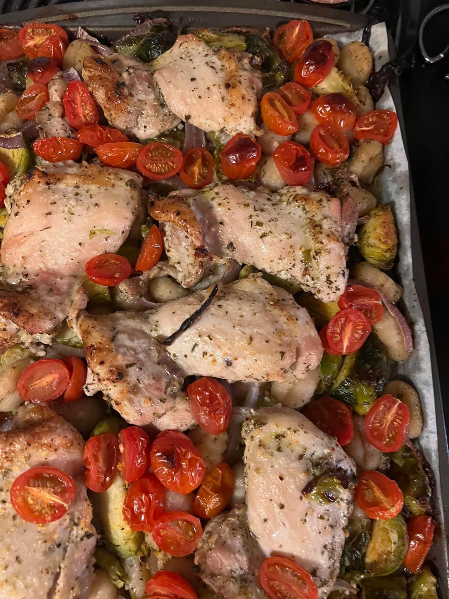 Sheet pan chicken with brussels sprouts and gnocchi