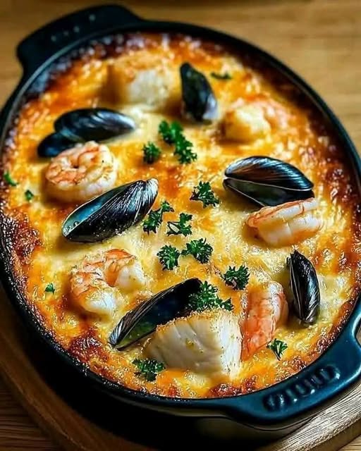 Deliciousness of the sea cod gratin, shrimp and mussels