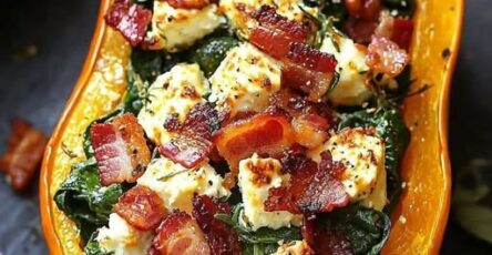 Stuffed butternut squash with feta, spinach & bacon