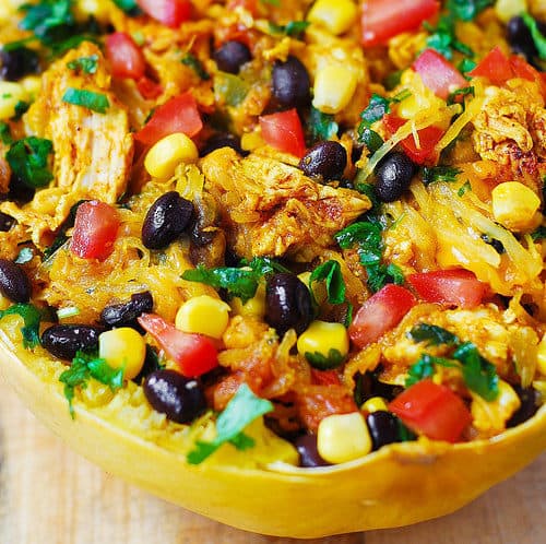 Southwestern spaghetti squash stuffed with chopped chicken