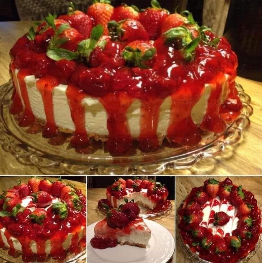 Strawberry shortcake crunch cake with cream cheese frosting