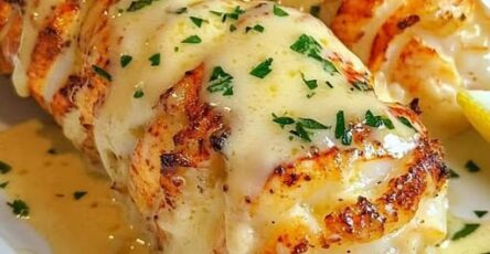 Butter poached lobster tails with lemon cream sauce