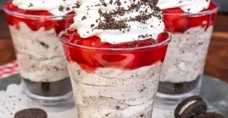 No bake cherry cookies and cream cheesecake parfaits