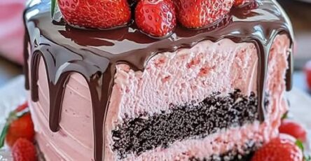 Decadent strawberry chocolate fantasy ice cream cake