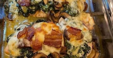 Smothered chicken with creamed spinach, bacon, mushrooms
