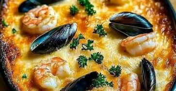 Deliciousness of the sea cod gratin, shrimp and mussels