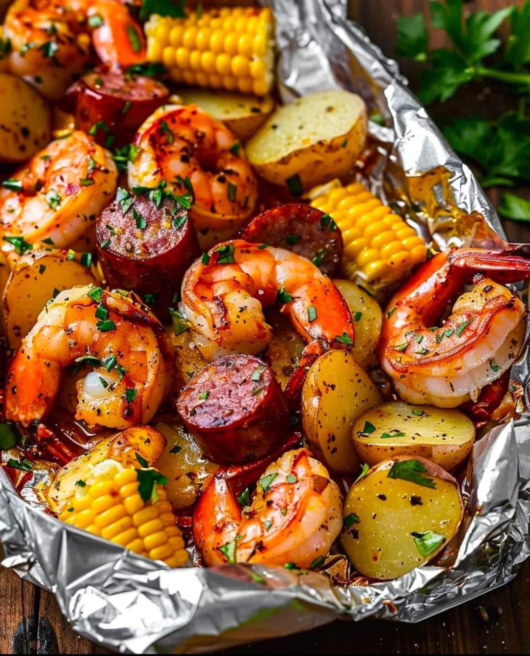 Shrimp Corn Potatoes And Smoked Sausage With Flavorful Seasonings
