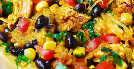Southwestern spaghetti squash stuffed with chopped chicken