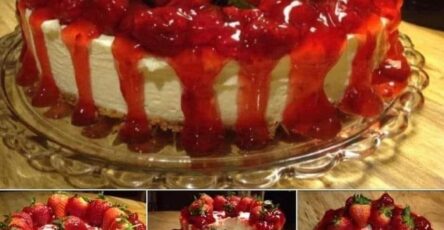 Strawberry shortcake crunch cake with cream cheese frosting