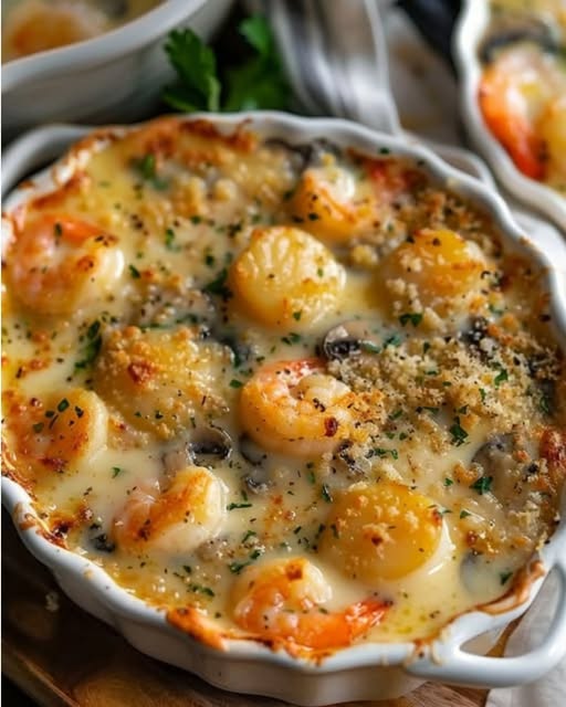 Seafood gratin with mushrooms 🦞🍄