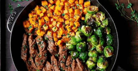 Garlic butter steak with brussels sprouts and butternut squash