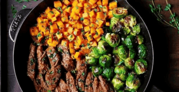 Garlic butter steak with brussels sprouts and butternut squash