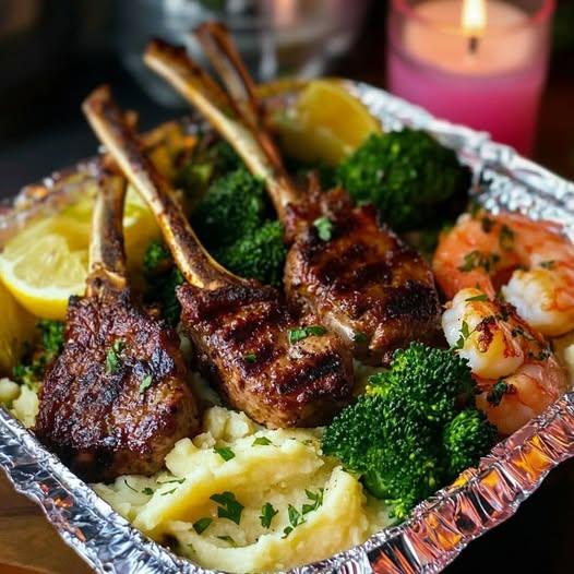 Grilled lamb chops and shrimp with mashed potatoes and steamed broccoli