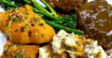 Salisbury Steak, Mashed Potatoes, Broccolini And Garlic Butter Croissants