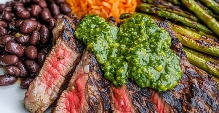 Grilled steak with chimichurri, orange rice, black beans, and grilled asparagus