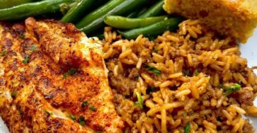 Panseared Catfish Dirty Rice Green Beans And Caramelized Onion & Green Chili Cornbread