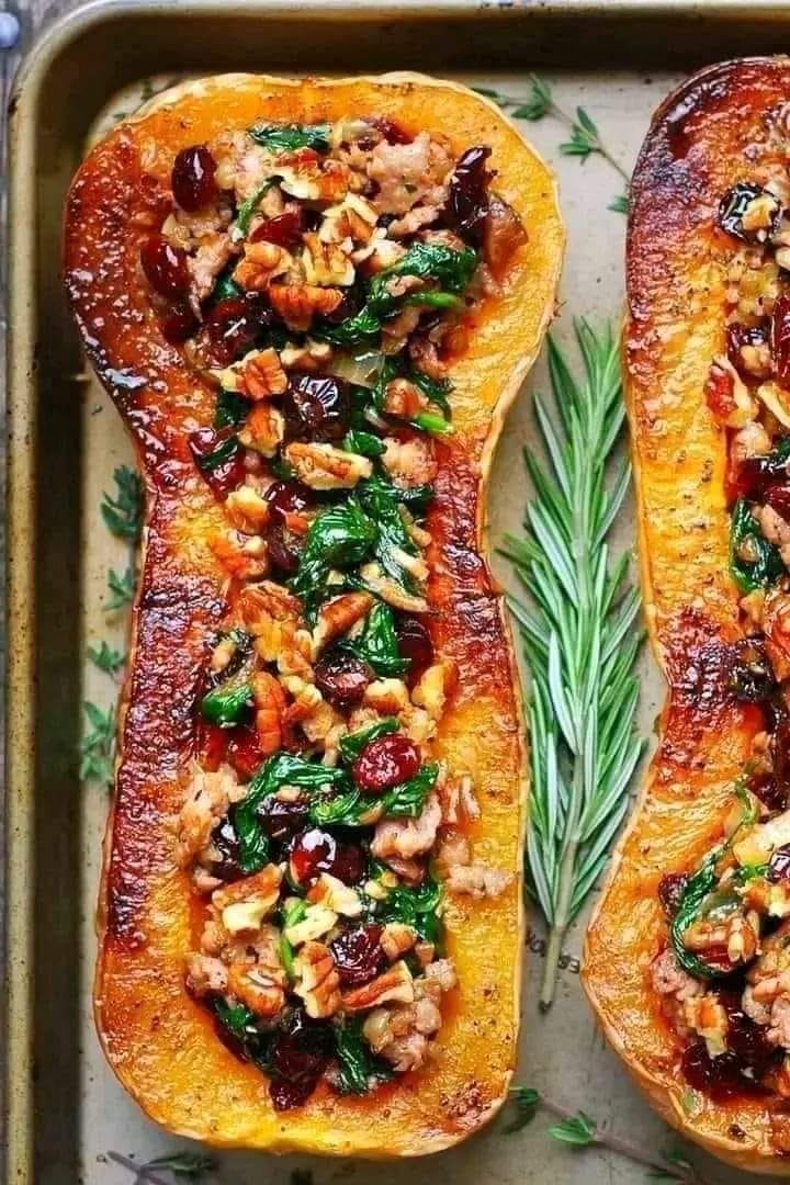 Stuffed Butternut Squash With Sausage, Spinach, Pecans, And Cranberries. Perfect For Larger Squashes!