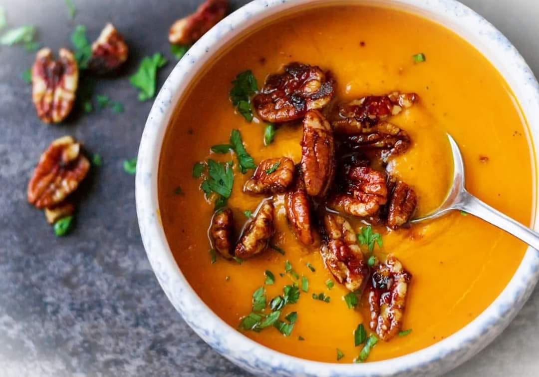Creamy Carrot Soup With Caramelized Pecans