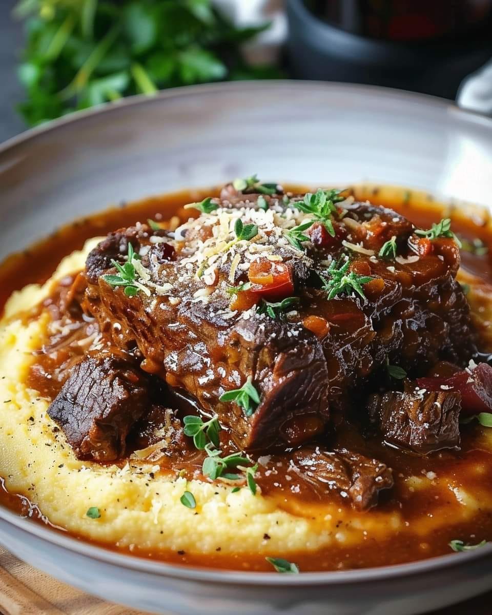 Tuscan Beef Stew Over Creamy Parmesan Polenta