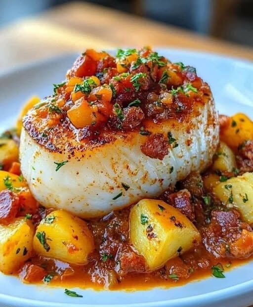 Cod Back With Chorizo Cream And Mashed Potatoes