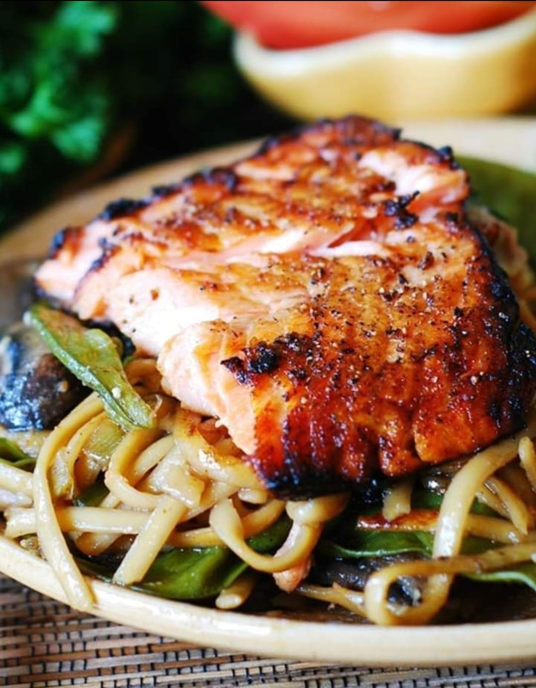 Salmon With Noodles Mushrooms Ans Sriracha