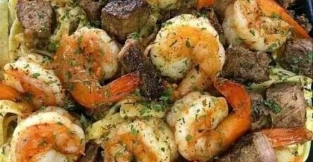 Cajun shrimp and steak alfredo pasta