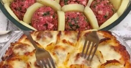 Cheesy spinach meatball & potato bake