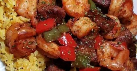 Jerk steak & shrimp over yellow ricewow
