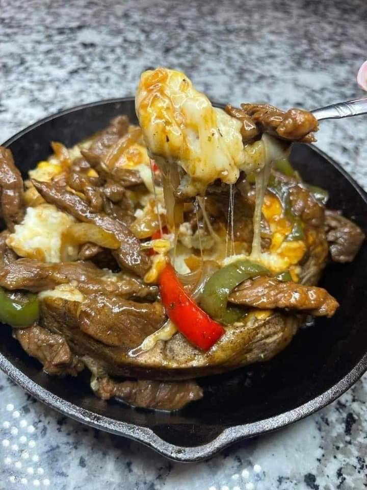 Loaded pepper steak doubled bake baked potatoe