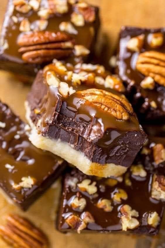 Salted caramel turtle fudge bars