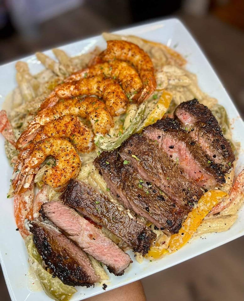Steak and shrimp jerk pasta