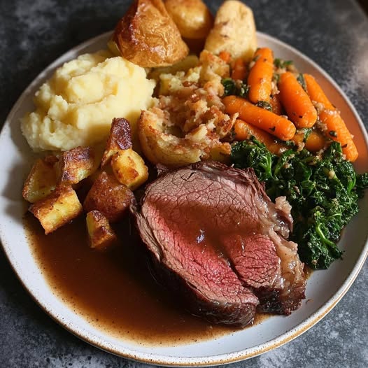 Classic roast beef dinner with all the fixings