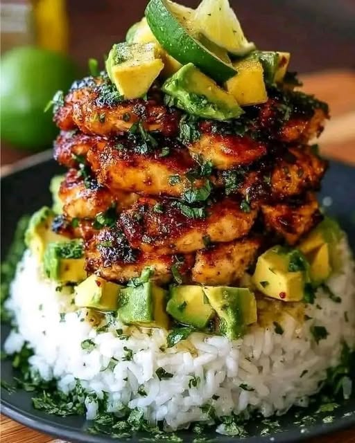 Honey lime chicken & avocado rice stack