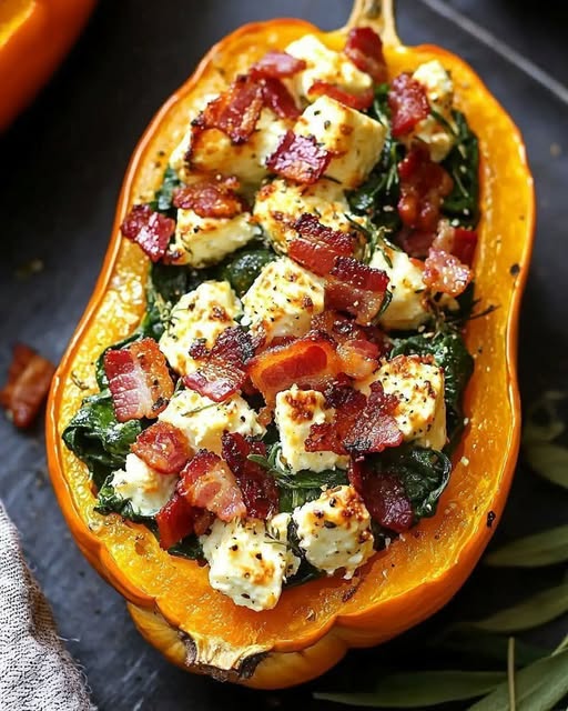 Stuffed butternut squash with feta, spinach & bacon