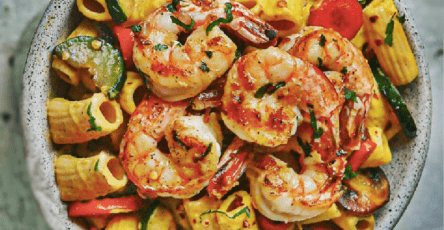 Squash and lemon garlic shrimp pasta