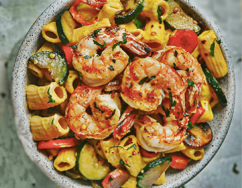 Squash and lemon garlic shrimp pasta