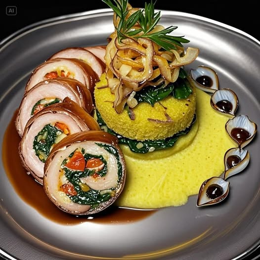 Colorful, flavorful, and full of life—this chicken roulade is packed with veggies and set against a sunny polenta mountain
