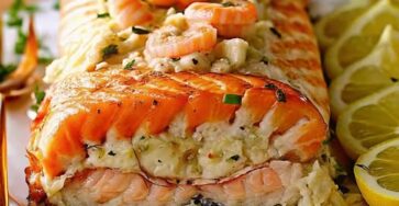 Crab and shrimp stuffed salmon
