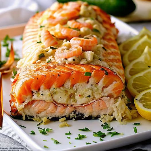Crab and shrimp stuffed salmon
