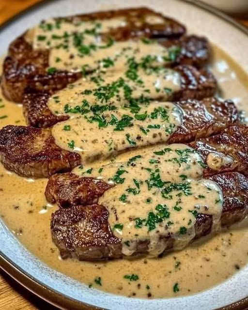 Juicy steak with creamy garlic sauce
