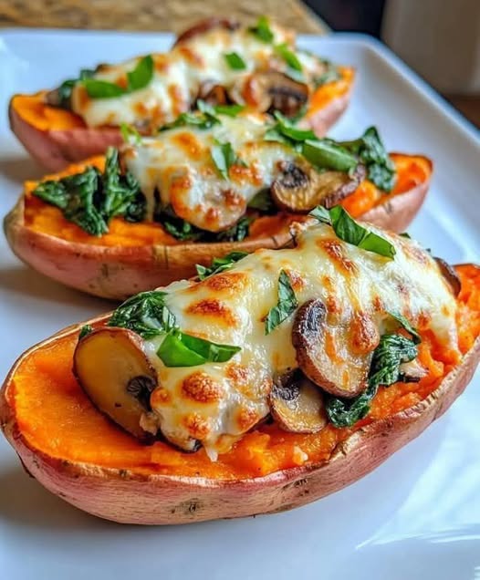 Sweet potato skins loaded with spinach