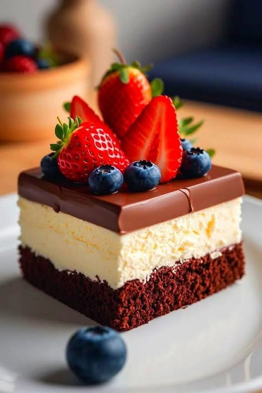 Triple chocolate mousse cake with berries