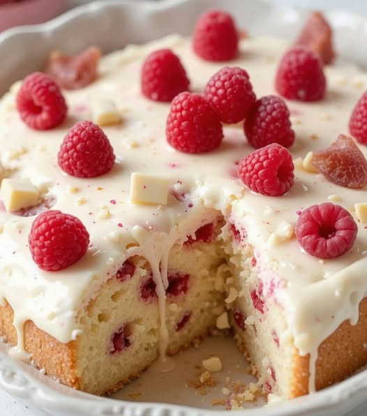 White chocolate raspberry poke cake