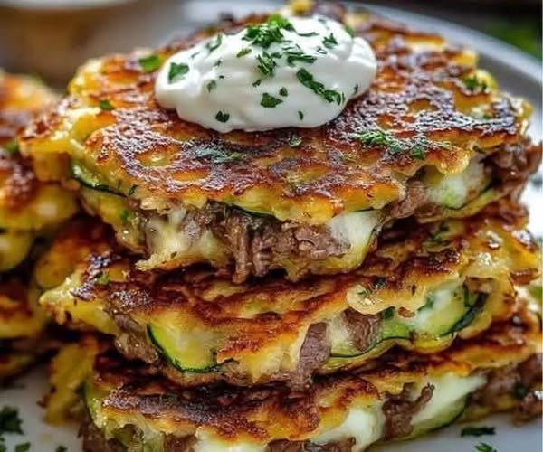 Zucchini pancakes stuffed with beef and cheddar