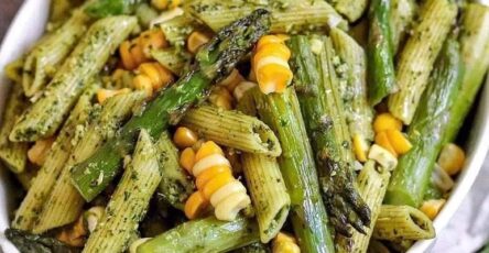 Roasted Corn And Asparagus Pesto Pasta