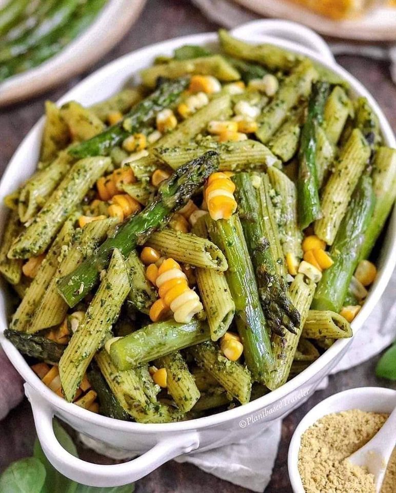 Roasted Corn And Asparagus Pesto Pasta