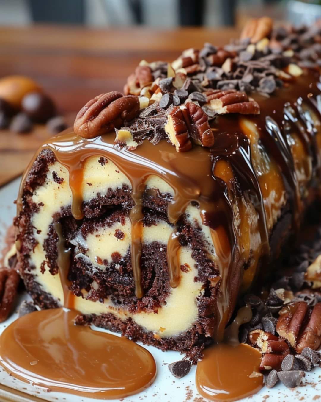 Gooey Chocolate Caramel Turtle Cake Roll