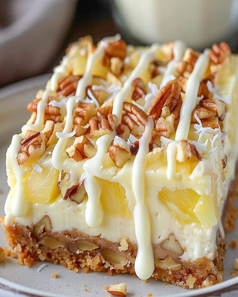 Heavenly Pineapple Coconut Pecan Cheesecake Bars