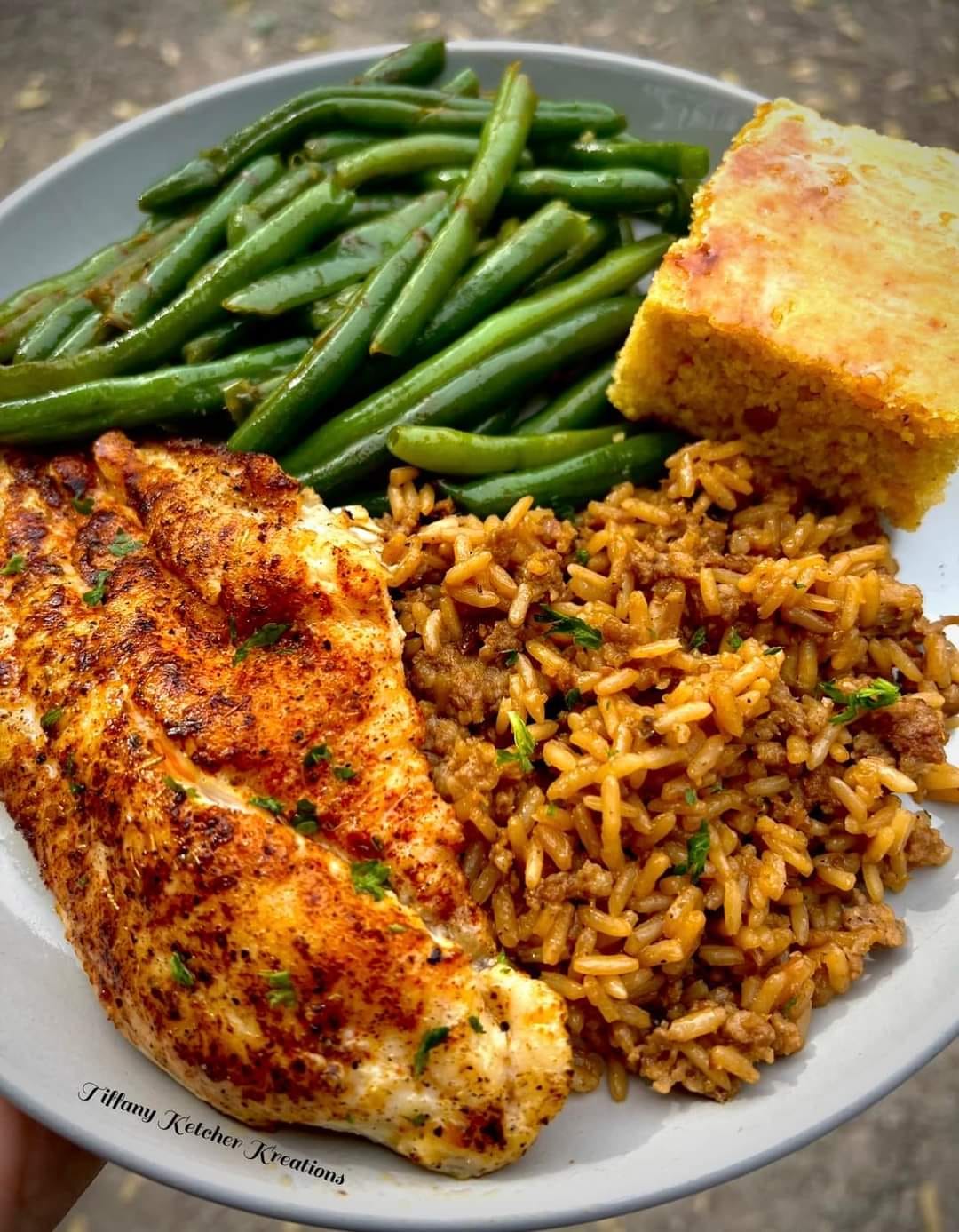 Panseared Catfish Dirty Rice Green Beans And Caramelized Onion & Green Chili Cornbread